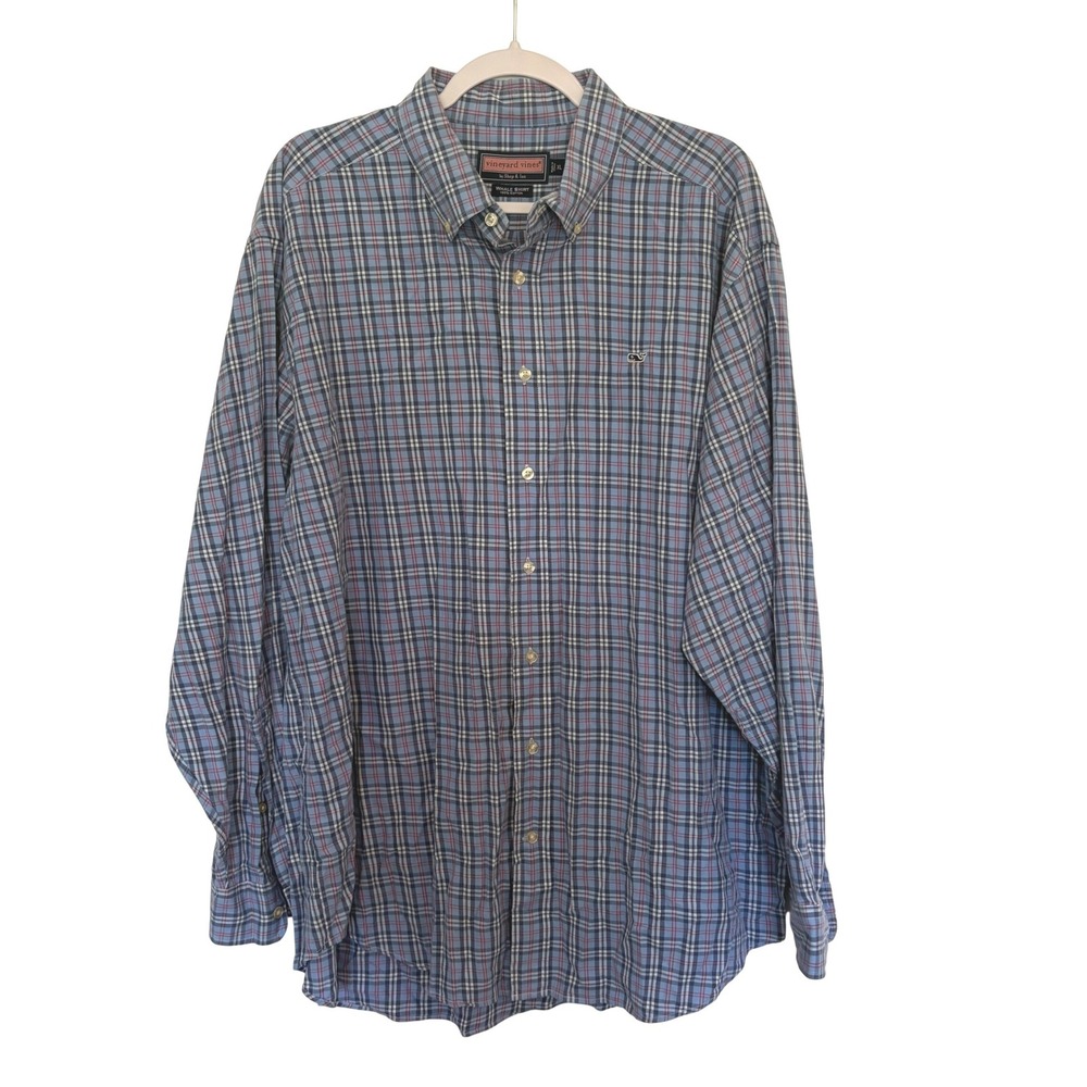 Vineyard Vines Whale Shirt XL Blue Plaid Button Down Preppy Coastal Old Money
